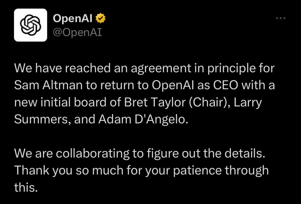 Sam Altman Returns as OpenAI CEO with New Board HalfofThe