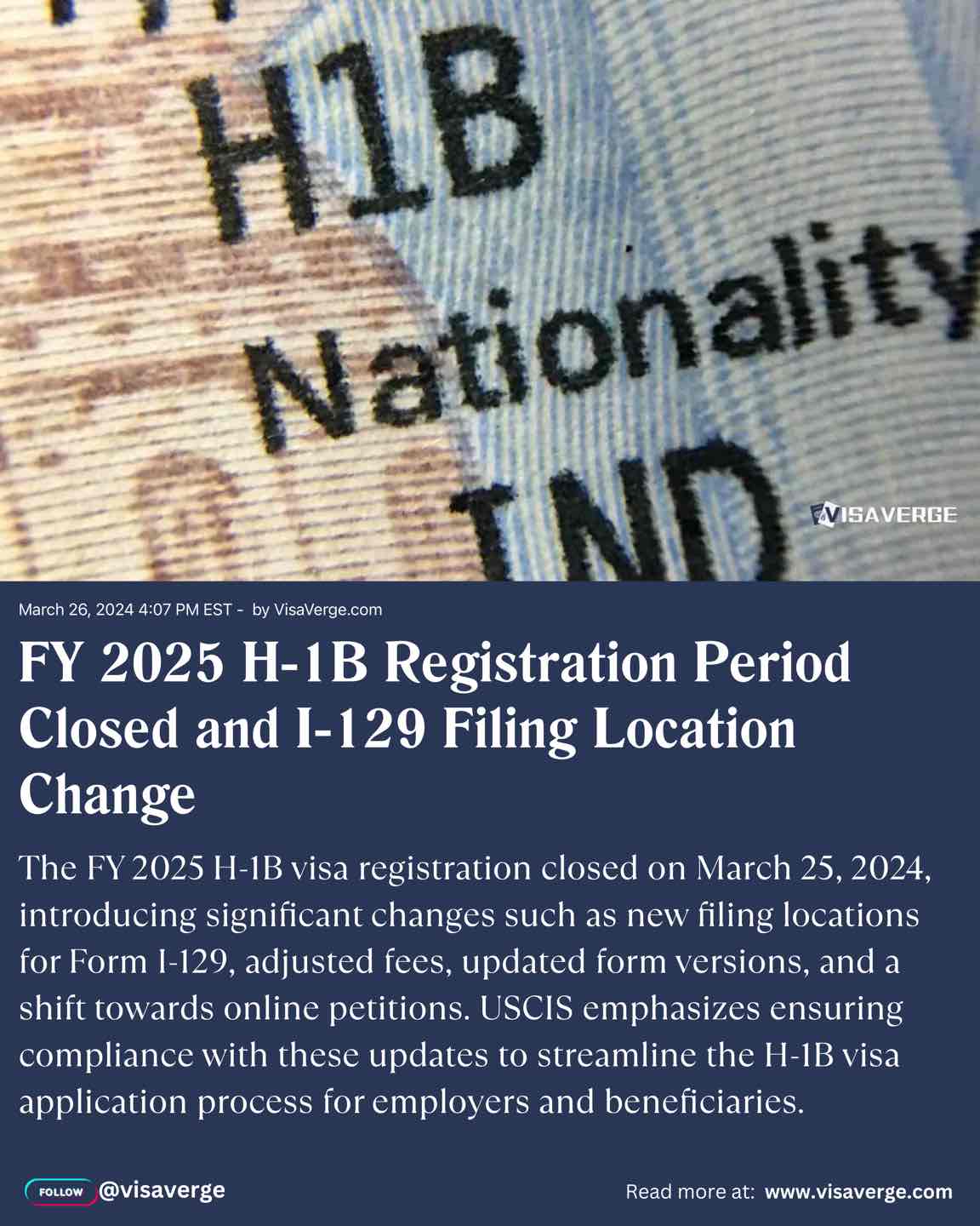 FY 2025 H-1B Registration Period Closed and I-129 Filing Location Change