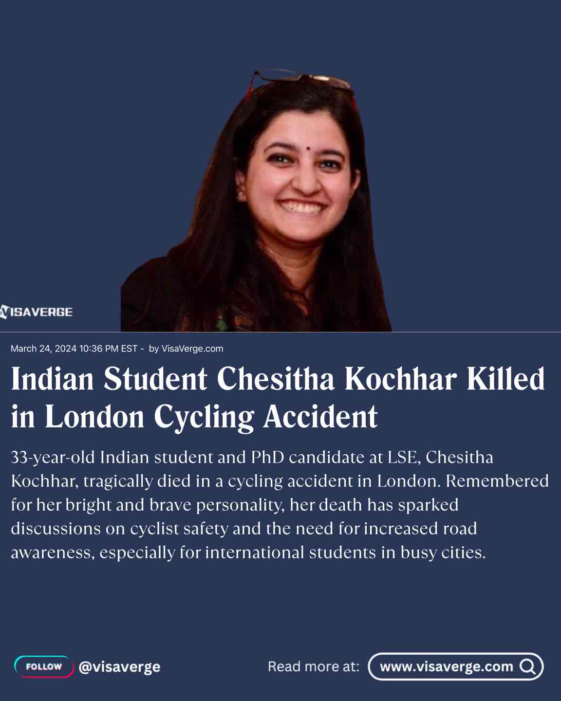 Indian Student Chesitha Kochhar Killed in London Cycling Accident Indian Student Chesitha Kochhar Killed in London Cycling Accident