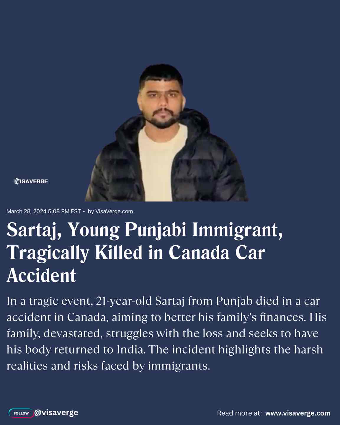 Sartaj, Young Punjabi Immigrant, Tragically Killed in Canada Car Accident