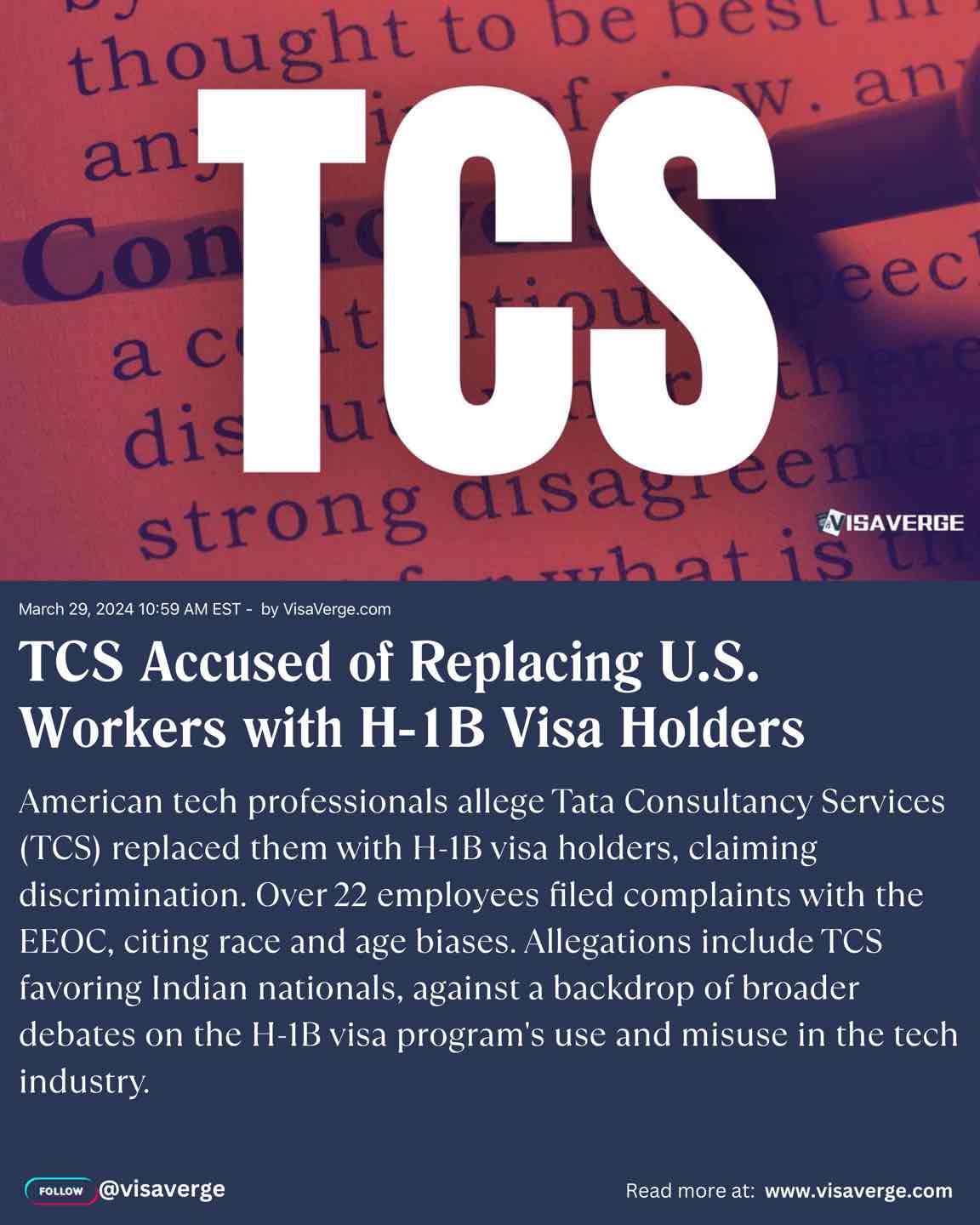 TCS Accused of Replacing U.S. Workers with H-1B Visa Holders TCS Accused of Replacing U.S. Workers with H-1B Visa Holders