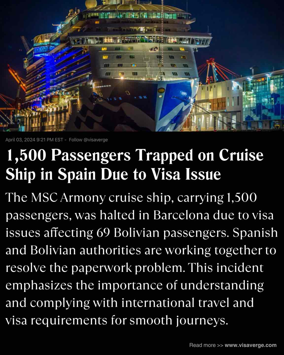 1,500 Passengers Trapped on Cruise Ship in Spain Due to Visa Issue
