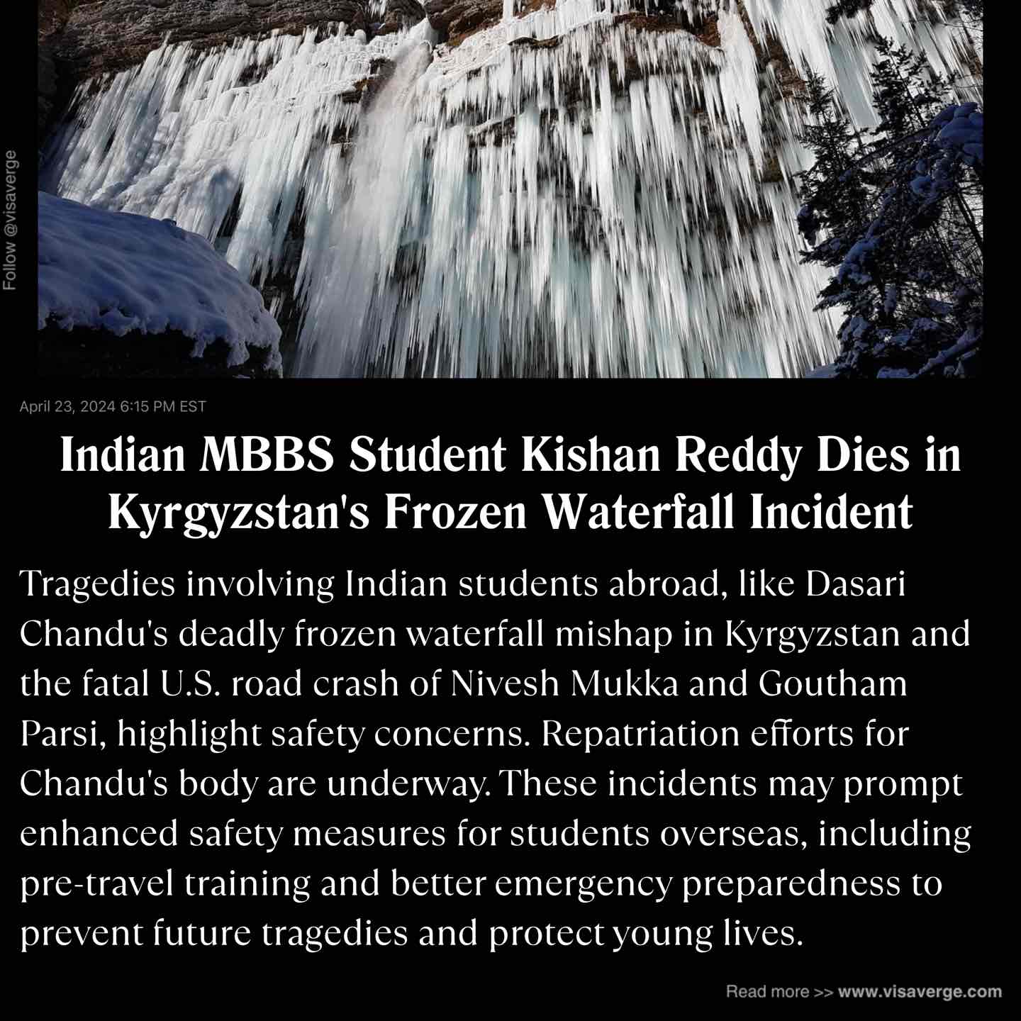 Indian MBBS Student Kishan Reddy Dies in Kyrgyzstan's Frozen Waterfall Incident Indian MBBS Student Kishan Reddy Dies in Kyrgyzstan's Frozen Waterfall Incident