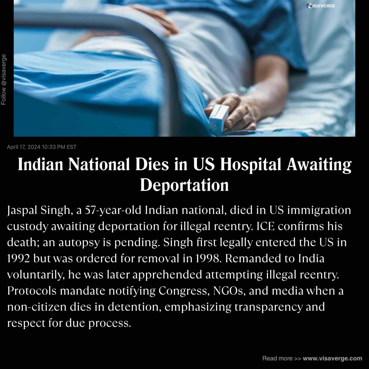 Indian National Dies in US Hospital Awaiting Deportation