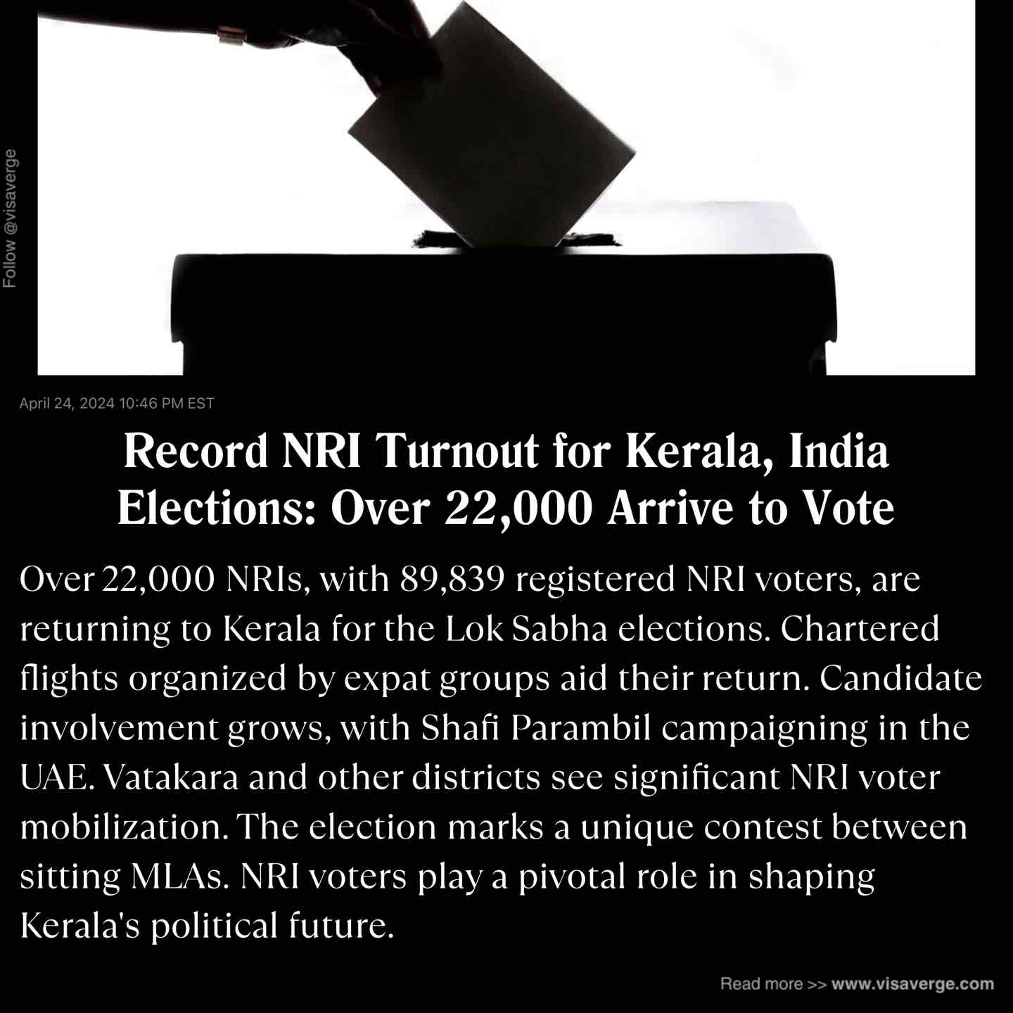Record NRI Turnout for Kerala, India Elections: Over 22,000 Arrive to Vote