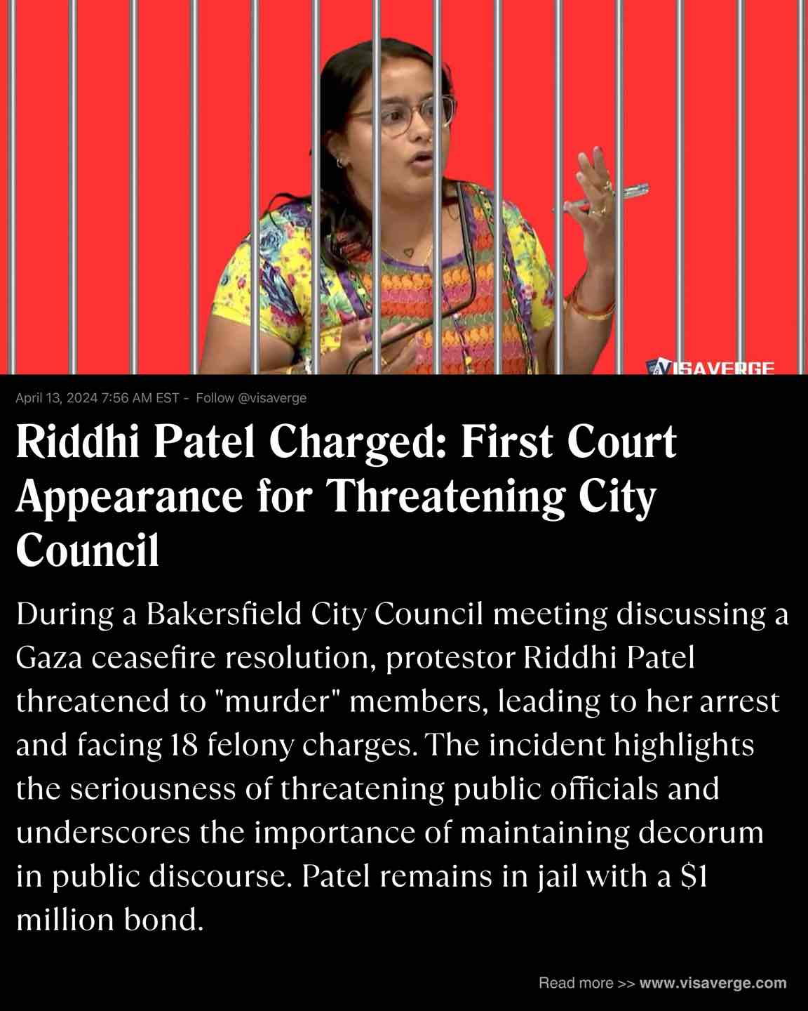 Riddhi Patel Charged: First Court Appearance for Threatening City Council Riddhi Patel Charged: First Court Appearance for Threatening City Council
