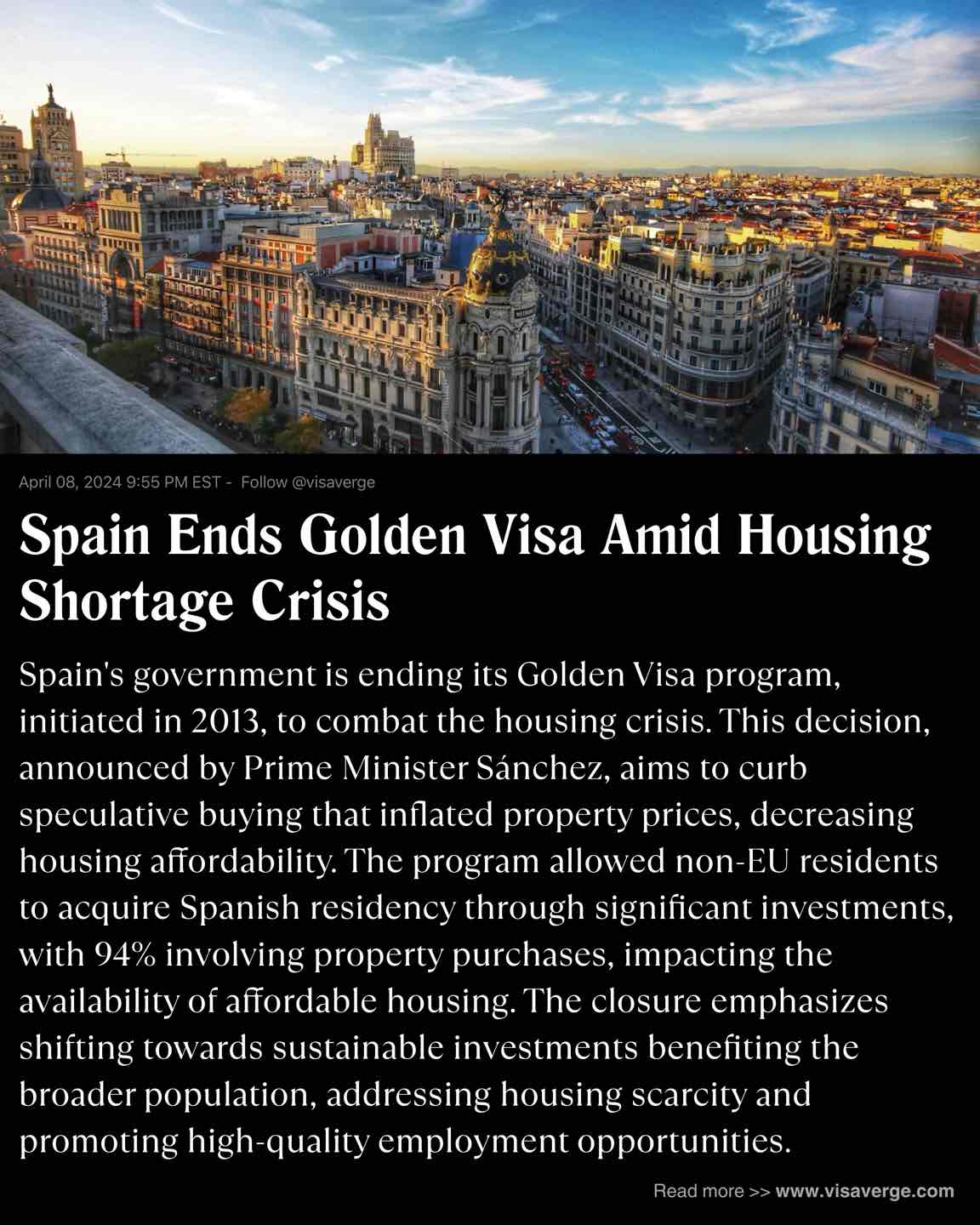Spain Ends Golden Visa Amid Housing Shortage Crisis