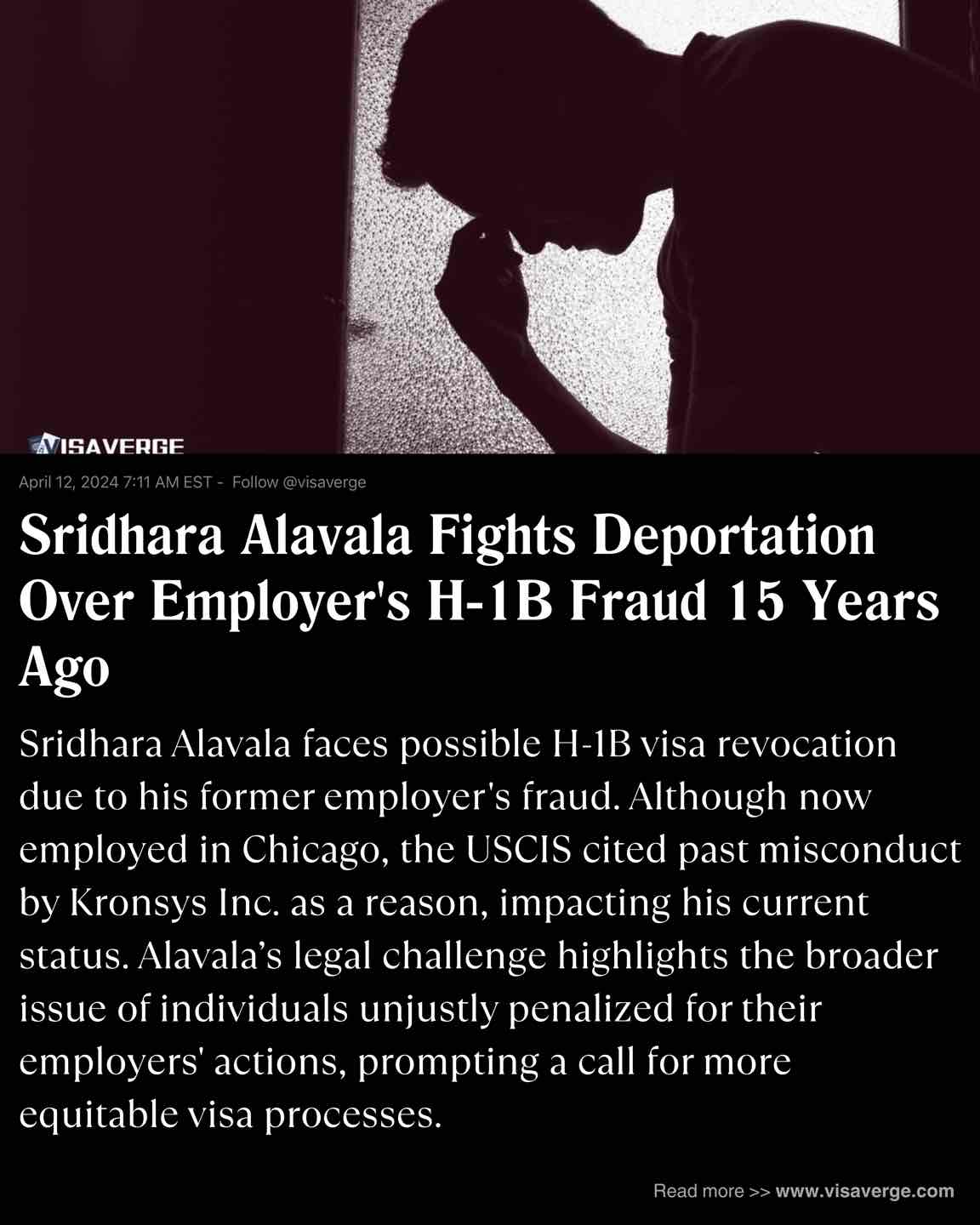 Sridhara Alavala Fights Deportation Over Employer's H-1B Fraud 15 Years Ago Sridhara Alavala Fights Deportation Over Employer's H-1B Fraud 15 Years Ago