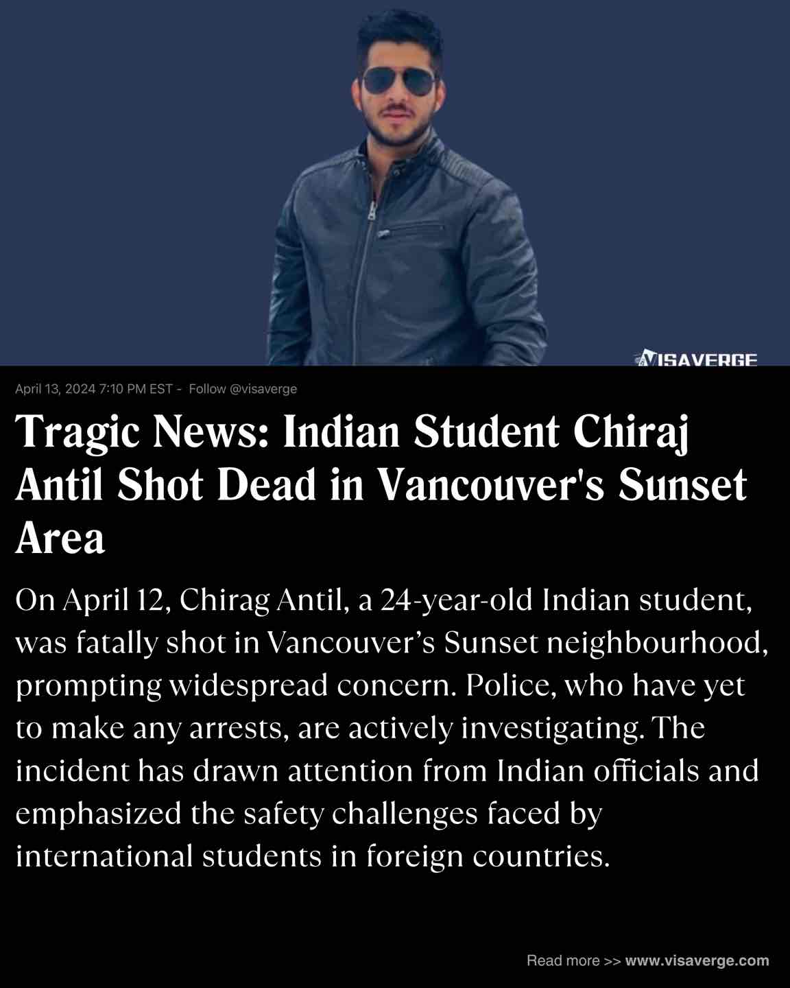 Tragic News: Indian Student Chiraj Antil Shot Dead in Vancouver's Sunset Area