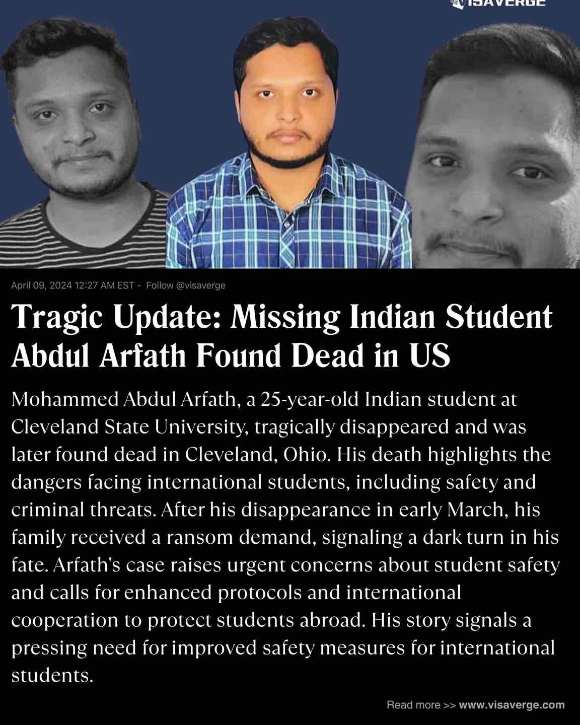 Tragic Update: Missing Indian Student Abdul Arfath Found Dead in US Tragic Update: Missing Indian Student Abdul Arfath Found Dead in US
