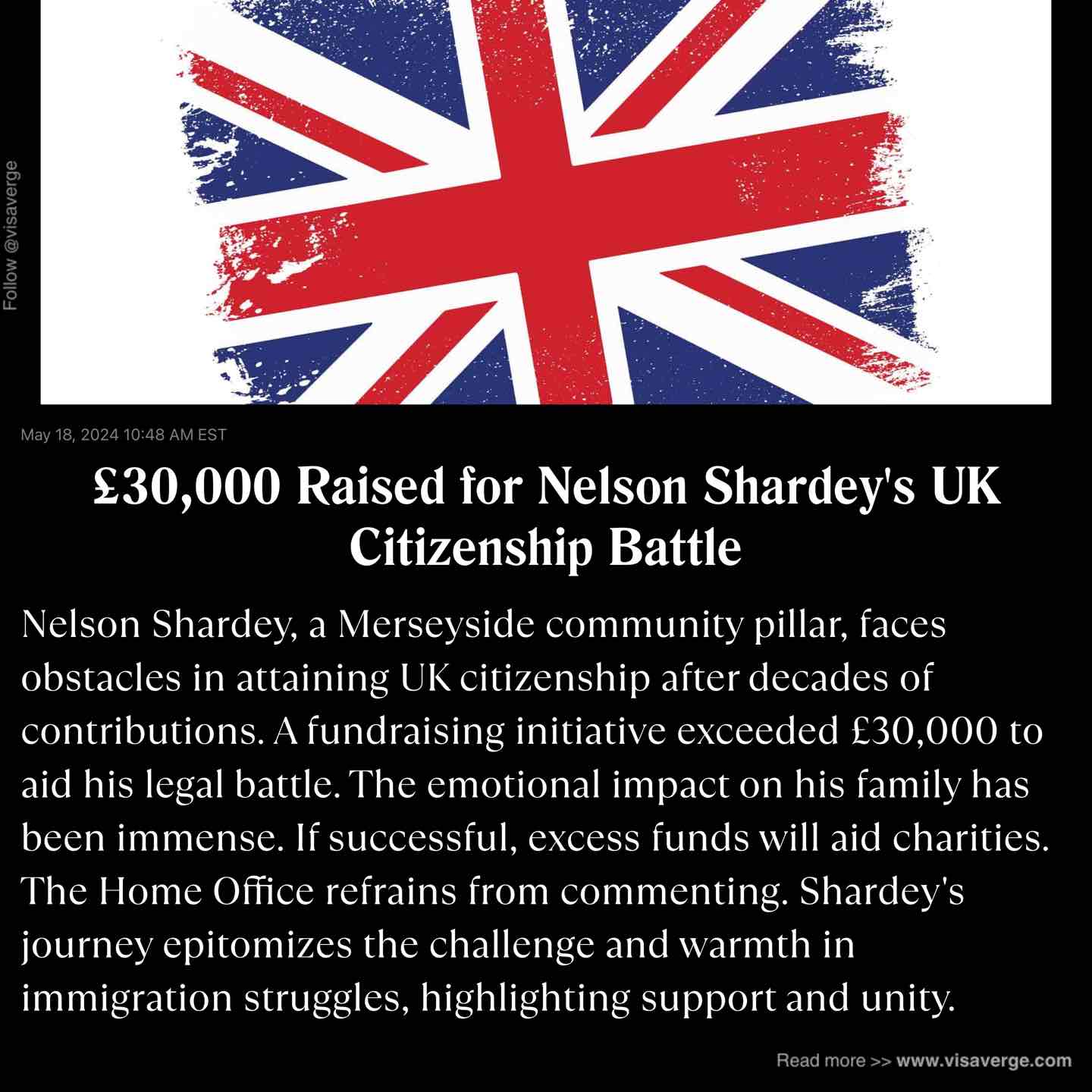 £30,000 Raised for Nelson Shardey's UK Citizenship Battle £30,000 Raised for Nelson Shardey's UK Citizenship Battle