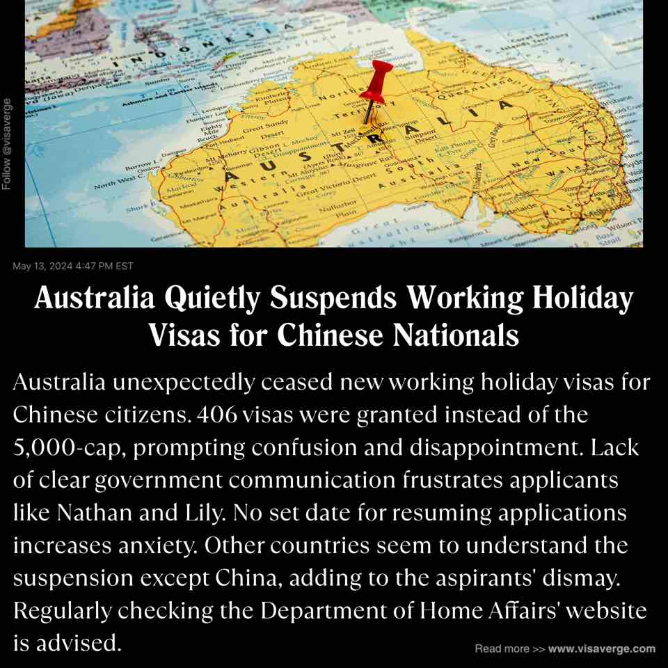 Australia Quietly Suspends Working Holiday Visas for Chinese Nationals Australia Quietly Suspends Working Holiday Visas for Chinese Nationals