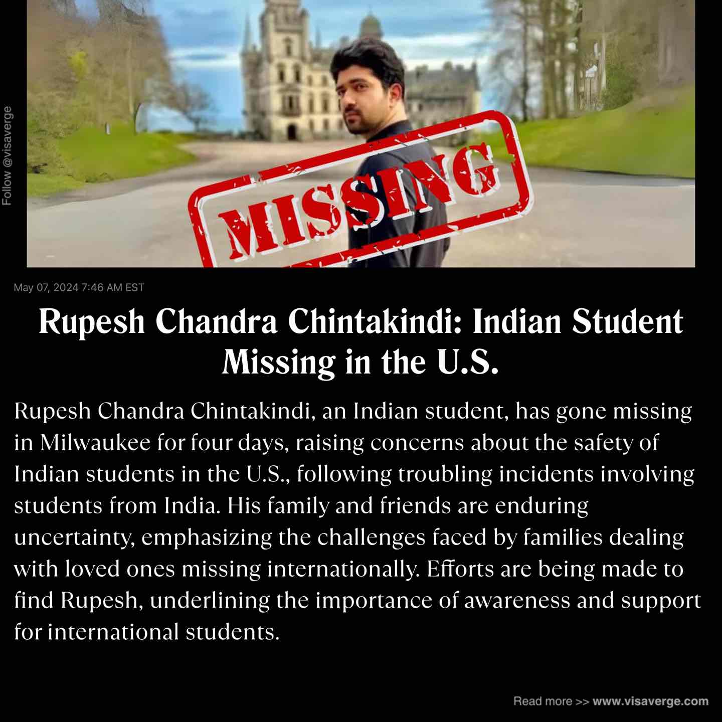 Rupesh Chandra Chintakindi: Indian Student Missing in the U.S.