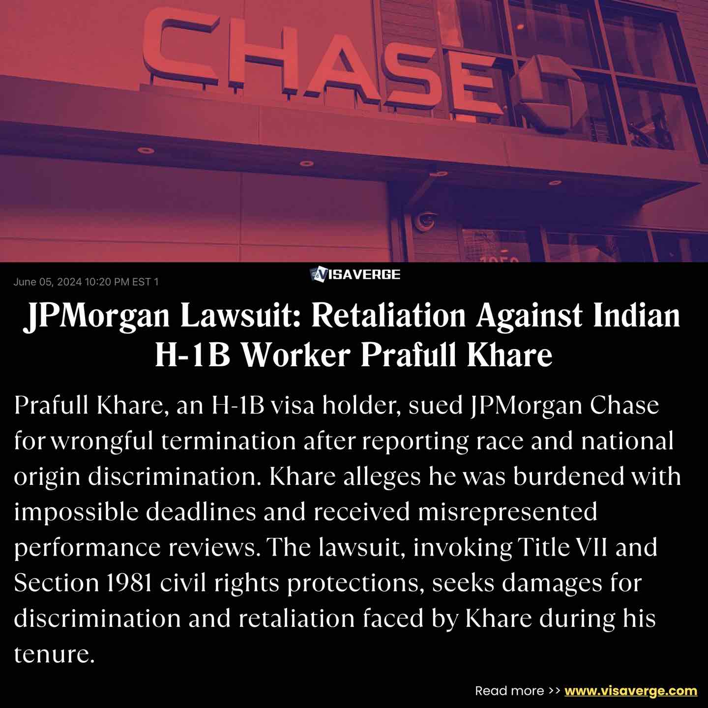 Demanda contra JPMorgan: Represalias contra el Trabajador H-1B Indio Prafull Khare Demanda contra JPMorgan: Represalias contra el Trabajador H-1B Indio Prafull Khare