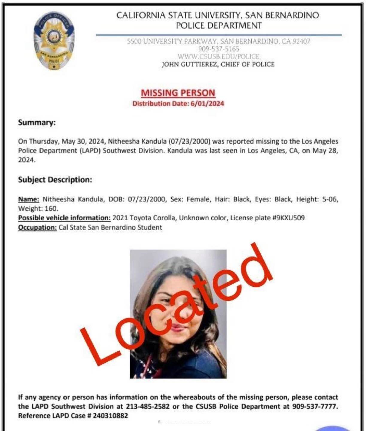 Nitheesha Kandula, Missing Indian Student in California Found Safe Nitheesha Kandula, Missing Indian Student in California Found Safe